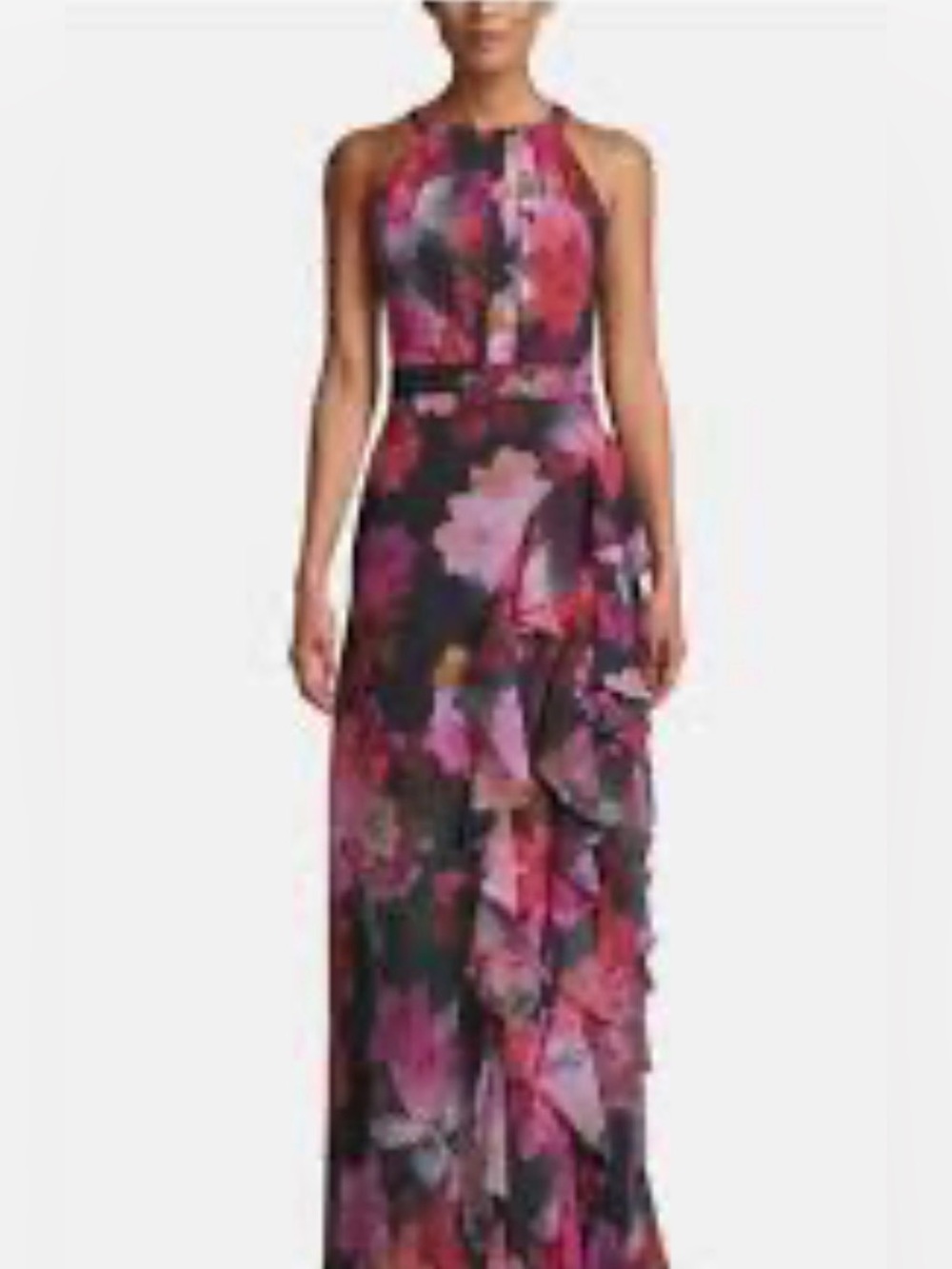 Betsy & Adam Floral Print Chiffon Halter Gown, Size 2P